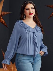 SHEIN LUNE Blusa ribete con fruncido de manga con volante - Neblina azul - Ver 1