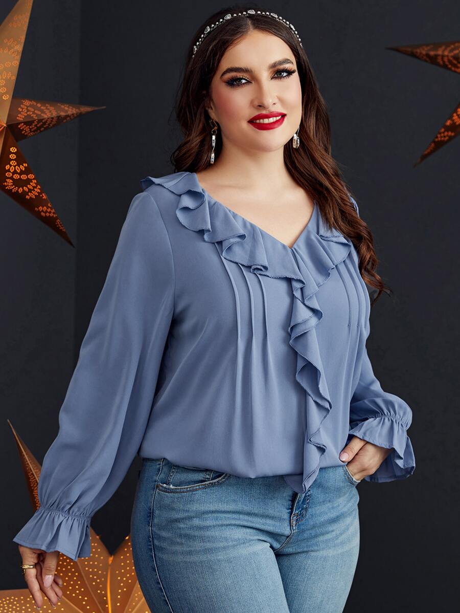 SHEIN LUNE Blusa ribete con fruncido de manga con volante - Neblina azul - Ver 1
