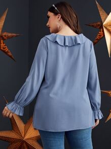 SHEIN LUNE Blusa ribete con fruncido de manga con volante - Neblina azul - Ver 2