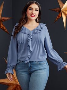 SHEIN LUNE Blusa ribete con fruncido de manga con volante - Neblina azul - Ver 3
