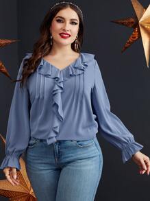 SHEIN LUNE Blusa ribete con fruncido de manga con volante - Neblina azul - Ver 5
