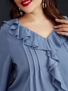 SHEIN LUNE Blusa ribete con fruncido de manga con volante - Neblina azul - Ver 7