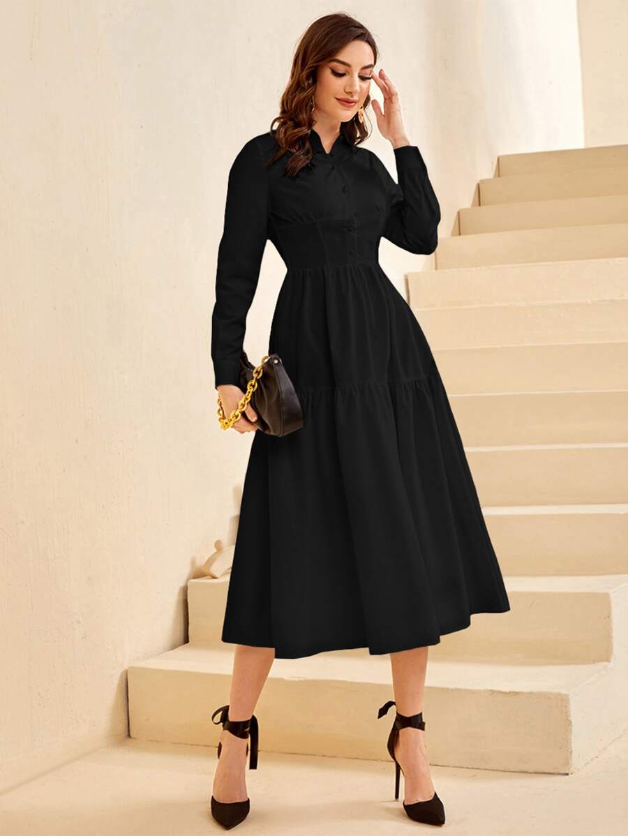 Modelyn Vestido camisero bajo con fruncido - Negro - Ver 1