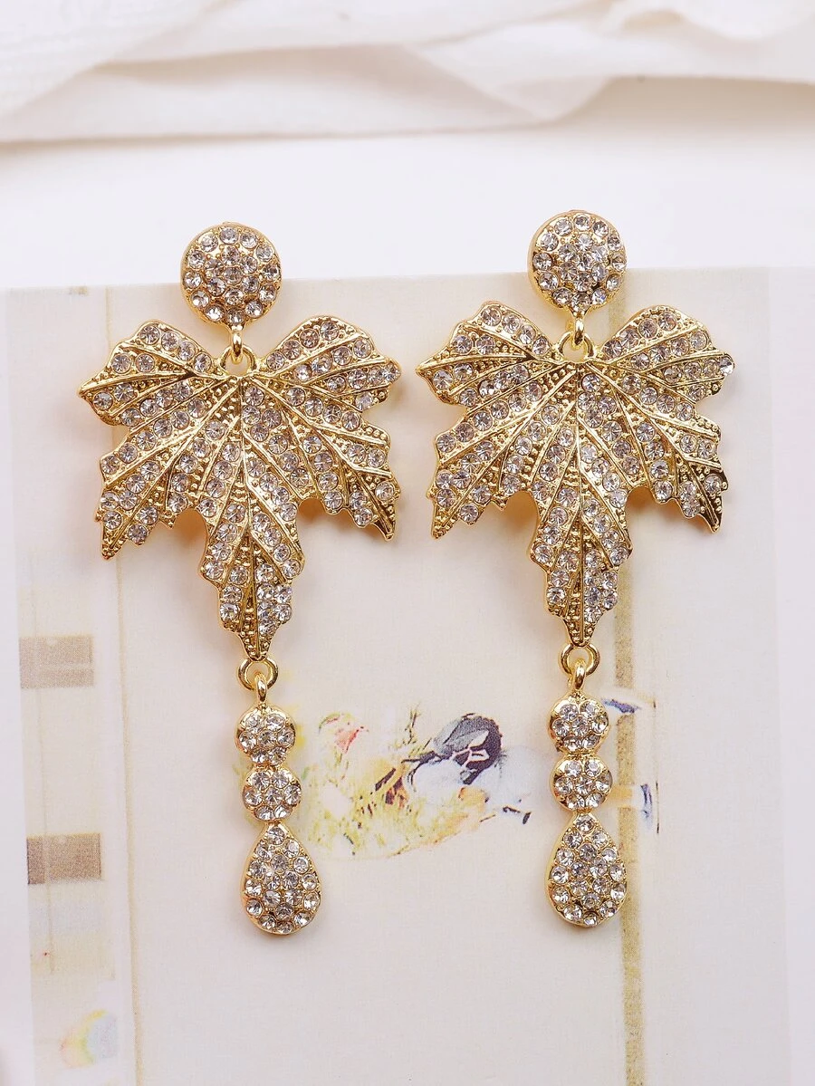 Bông tai hình giọt nước Rhinestone Maple Leaf - Vàng - Xem 1