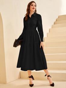 Modelyn Vestido camisero bajo con fruncido - Negro - Ver 3