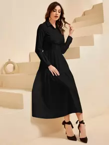 Modelyn Vestido camisero bajo con fruncido - Negro - Ver 4