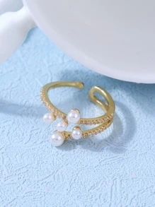 Cubic Zirconia & Faux Pearl Decor Ring - Yellow Gold - View 2