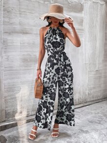 印花露背闊腿腰帶繞頸連體褲 - 彩色 - 查看 1