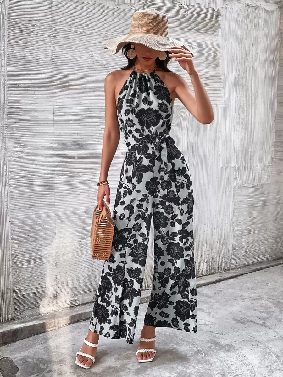 印花露背闊腿腰帶繞頸連體褲 - 彩色 - 查看 1