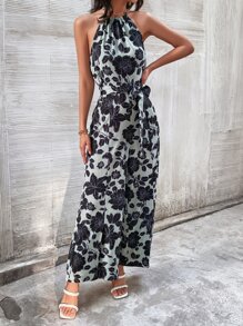 印花露背闊腿腰帶繞頸連體褲 - 彩色 - 查看 3