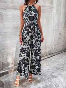 印花露背闊腿腰帶繞頸連體褲 - 彩色 - 查看 4