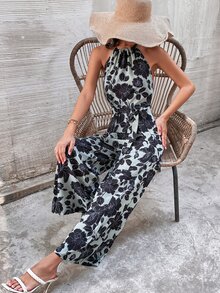 印花露背闊腿腰帶繞頸連體褲 - 彩色 - 查看 5