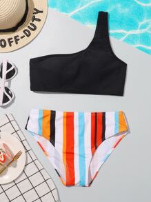 Tween Girl One Shoulder Contrast Striped Bikini Set Summer Beach - Multicolor - View 1