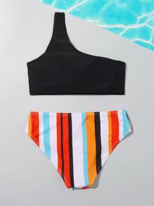 Tween Girl One Shoulder Contrast Striped Bikini Set Summer Beach - Multicolor - View 2