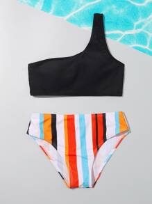 Tween Girl One Shoulder Contrast Striped Bikini Set Summer Beach - Multicolor - View 3