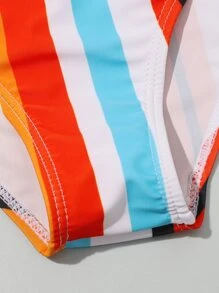 Tween Girl One Shoulder Contrast Striped Bikini Set Summer Beach - Multicolor - View 5