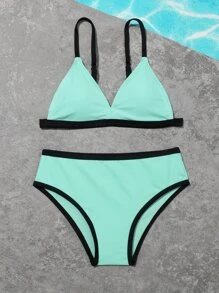 Tween Girl Colorblock Binding Trim Bikini Set Summer Beach - Mint Green - View 5