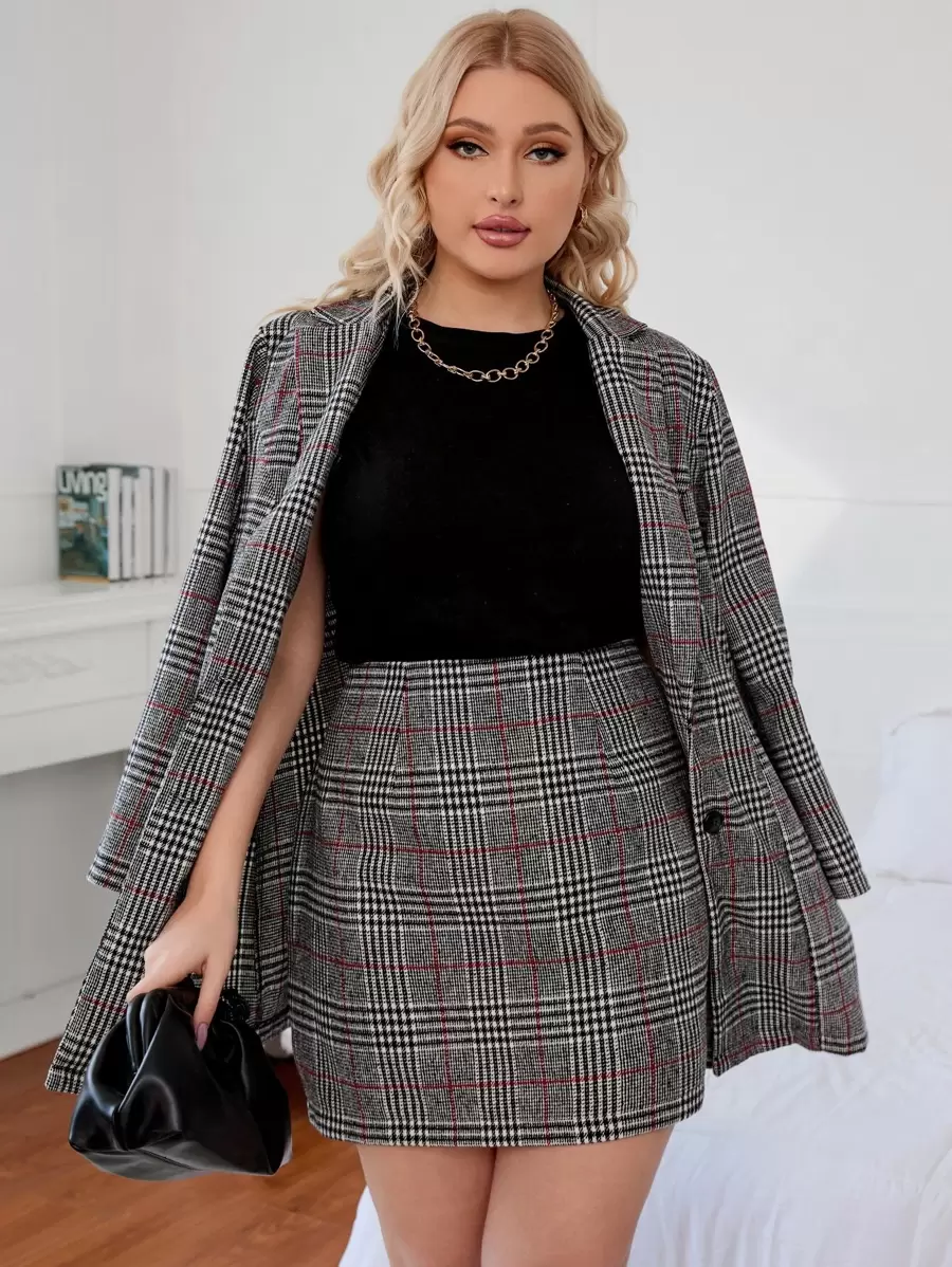 Celure Plus Glen Plaid Single Breasted Blazer & Skirt - Multicolor - View 1