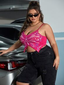 SHEIN ICON Plus Butterfly Pattern Lettuce Trim Hanky Hem Cami Top - Pink - View 4