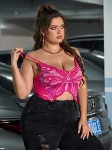 SHEIN ICON Plus Butterfly Pattern Lettuce Trim Hanky Hem Cami Top - Pink - View 2