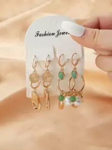 Bộ 6 đôi bông tai mặt dây chuyền hình tròn bằng kim loại và ngọc trai giả cao cấp, phong cách châu Âu hợp thời trang - Nhiều màu - Xem 3