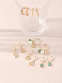 Bộ 6 đôi bông tai mặt dây chuyền hình tròn bằng kim loại và ngọc trai giả cao cấp, phong cách châu Âu hợp thời trang - Nhiều màu - Xem 4