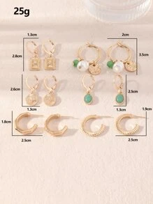 Bộ 6 đôi bông tai mặt dây chuyền hình tròn bằng kim loại và ngọc trai giả cao cấp, phong cách châu Âu hợp thời trang - Nhiều màu - Xem 6