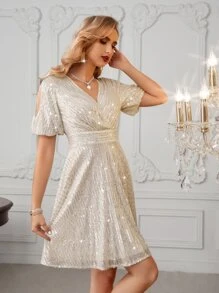 SHEIN Belle Váy sequin tay bồng khoét cổ chéo, váy dạ hội bán trang trọng thanh lịch, cho sinh nhật, khách dự tiệc cưới, tiệc tốt nghiệp, váy dự tiệc - Bạc - Xem 3