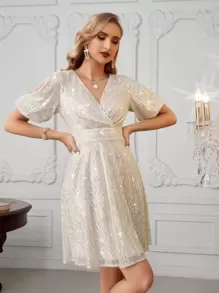 SHEIN Belle Váy sequin tay bồng khoét cổ chéo, váy dạ hội bán trang trọng thanh lịch, cho sinh nhật, khách dự tiệc cưới, tiệc tốt nghiệp, váy dự tiệc - Bạc - Xem 4