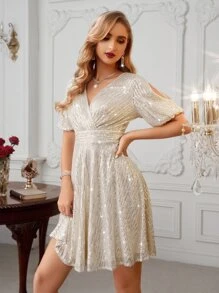 SHEIN Belle Váy sequin tay bồng khoét cổ chéo, váy dạ hội bán trang trọng thanh lịch, cho sinh nhật, khách dự tiệc cưới, tiệc tốt nghiệp, váy dự tiệc - Bạc - Xem 5