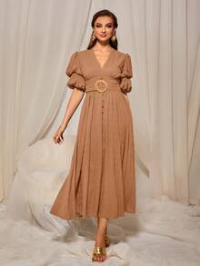 MOTF PREMIUM LANTERN SLEEVE BELTED DRESS - Camel - View 3