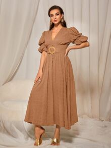 MOTF PREMIUM LANTERN SLEEVE BELTED DRESS - Camel - View 4