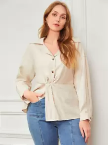 MOTF PREMIUM 大碼粘膠纖維花邊下擺上衣 - 米色 - 查看 1