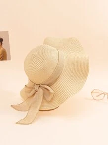 1pc Women's Straw Sun Hat With Wavy Edge, Ribbon Bowknot & Breathable Lining For Beach, Travel & Vacation In Spring/Summer Boho - Beige - View 1