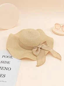 1pc Women's Straw Sun Hat With Wavy Edge, Ribbon Bowknot & Breathable Lining For Beach, Travel & Vacation In Spring/Summer Boho - Beige - View 4