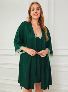 SHEIN con encaje Vestido lencero & Bata - Verde Oscuro - Ver 5