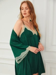 SHEIN con encaje Vestido lencero & Bata - Verde Oscuro - Ver 9