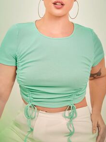 SHEIN Plus Drawstring Side Crop Tee - Mint Green - View 4