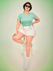 SHEIN Plus Drawstring Side Crop Tee - Mint Green - View 5