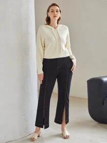 MOTF PREMIUM Áo len Plus Size Dây kéo màu trơn Giải trí - Màu be - Xem 3