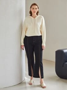 MOTF PREMIUM Áo len Plus Size Dây kéo màu trơn Giải trí - Màu be - Xem 8