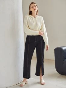 MOTF PREMIUM Áo len Plus Size Dây kéo màu trơn Giải trí - Màu be - Xem 10