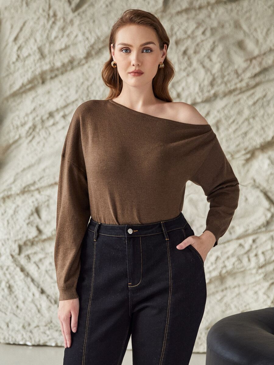 MOTF PREMIUM PLUS VISCOSE ASYMMETRICAL NECK JUMPER - Mocha Brown - View 1