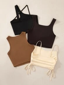SHEIN Unity 4 יחידות חולצת טי עם שרוכים צדדיים ודוגמאות ריינסטון עם אותיות - ריבוי צבעים - ראה 2