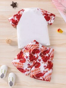 小男童鯊魚和印花破布拼接T恤和短褲 - 紅白色 - 查看 2