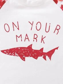 小男童鯊魚和印花破布拼接T恤和短褲 - 紅白色 - 查看 4