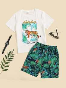 SHEIN Boys Tiger & Tropical Print Tee & Shorts - Multicolor - View 1