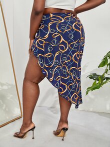 SHEIN SXY 大碼錬條圖案不對稱圍裹下擺半身裙 - 寶藍色 - 查看 2