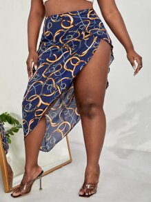 SHEIN SXY 大碼錬條圖案不對稱圍裹下擺半身裙 - 寶藍色 - 查看 3
