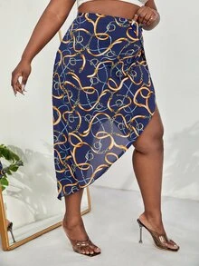 SHEIN SXY 大碼錬條圖案不對稱圍裹下擺半身裙 - 寶藍色 - 查看 5